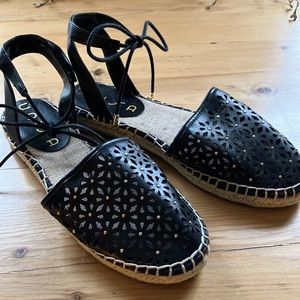 2/$30 Unisa Flat Ankle Tie Espadrille Laser Cut Floral Design Tiny Gold Rivets
